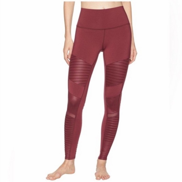 ALO Yoga Moto Legging High Rise Burgundy Pleated Mesh Full Length - Picture 1 of 9